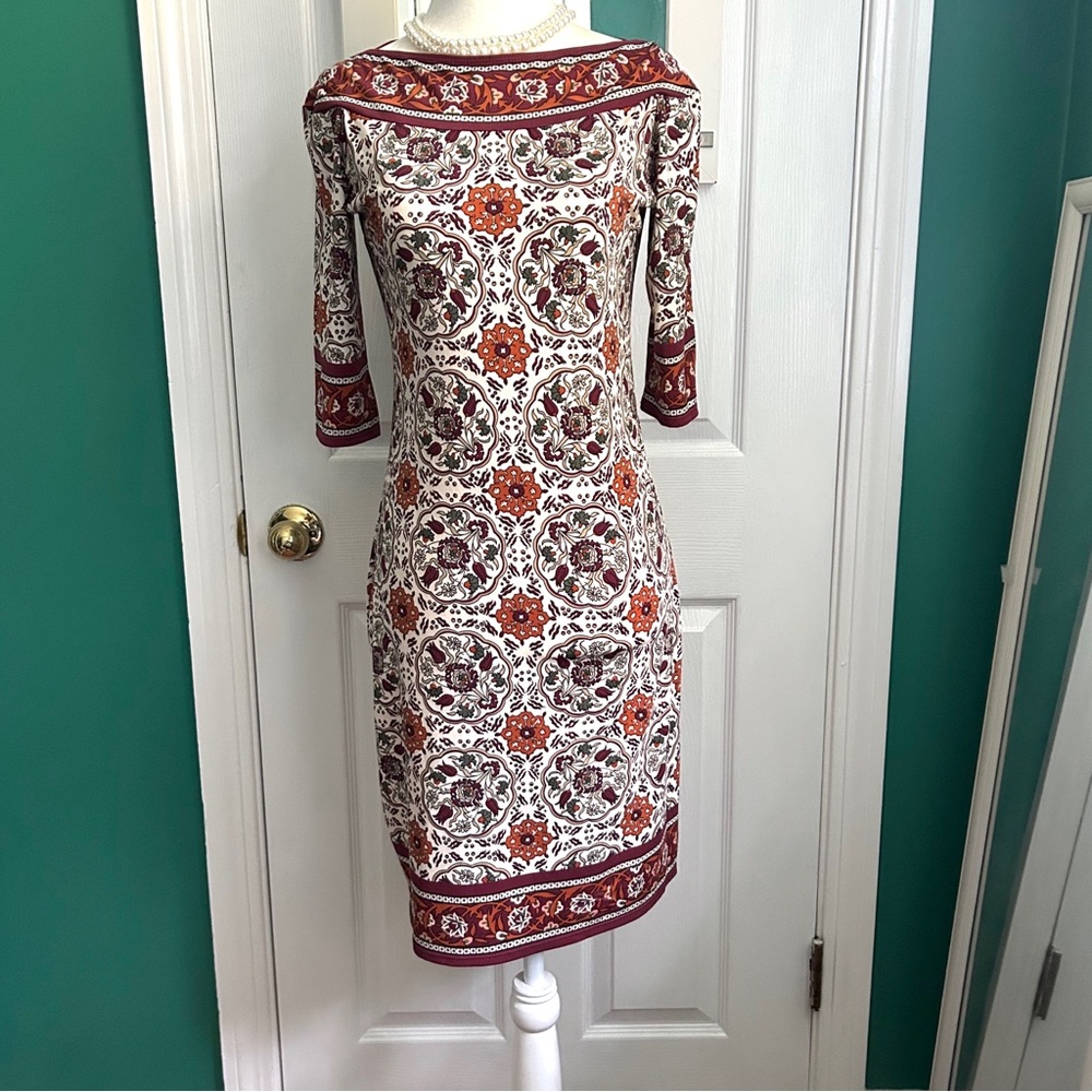 Max Studio Brown/Rust/White/Cranberry 3/4 Sleeve Dress S